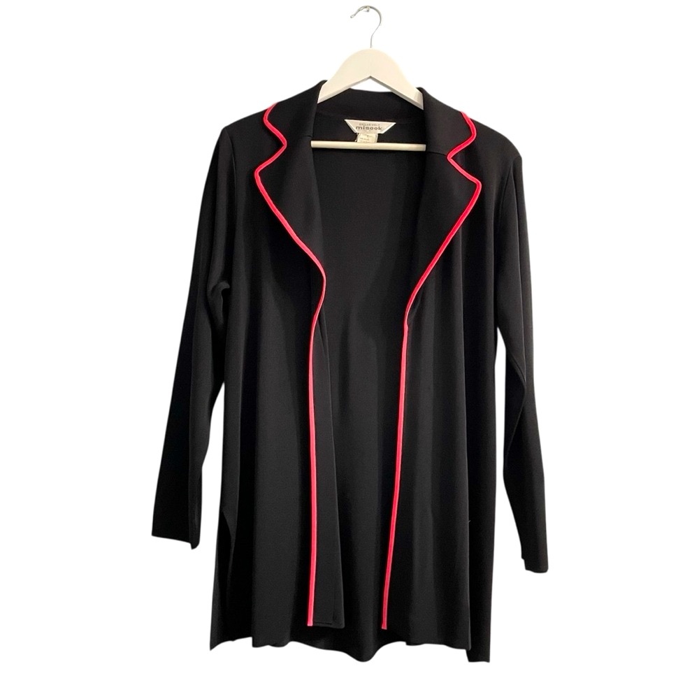 Exclusively Misook Black acrylic knit open front Cardigan pink Trim Jacket top